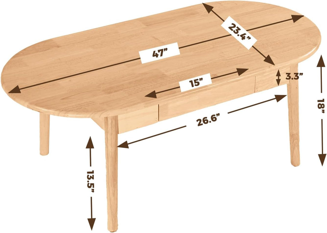 Solid Wood Coffee Table with Storage, Mid Century Oval, Natural