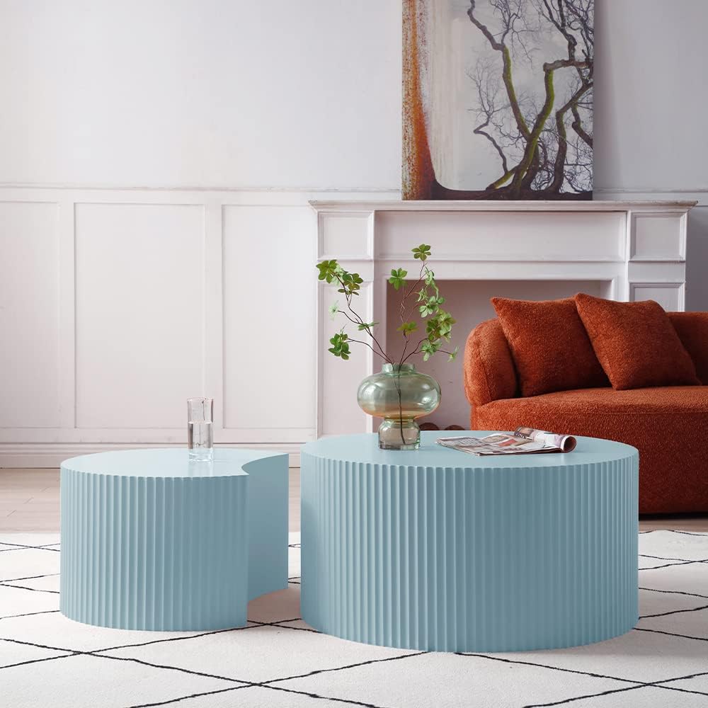 Modern Nesting Coffee Table Set, Wood Circle Drum Side Tables, Blue