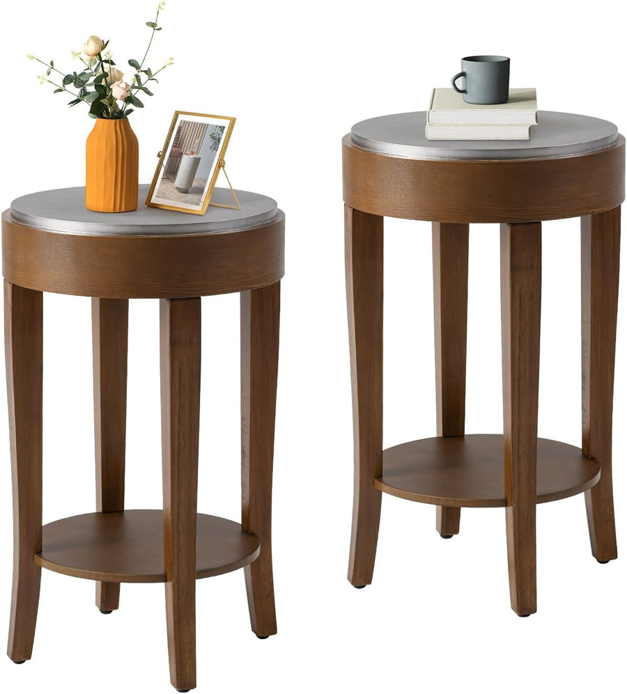 2-Tier Round End Table, Brown & Silver Accent