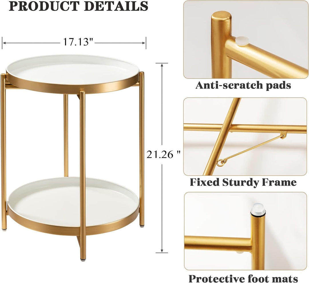 2 Tier Gold Side Table, Folding Round Metal End