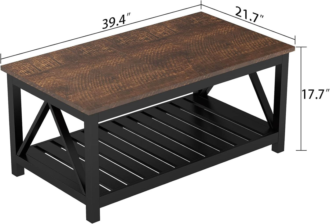 Rustic Vintage Coffee Table with Shelf, 40-Inch, Black