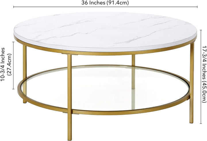 Faux Marble Top Round Coffee Table, Modern Design, Gold