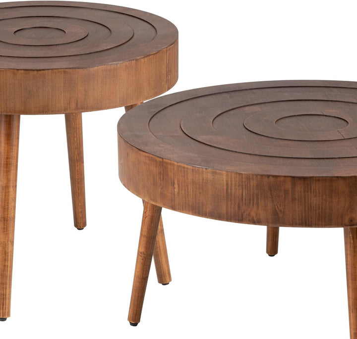 Round Coffee Table Set, 2-Piece Farmhouse Nesting Tables, Brown