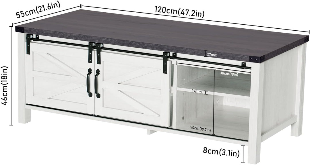 Farmhouse Coffee Table with Hidden Storage, Sliding Barn Doors, White Brown