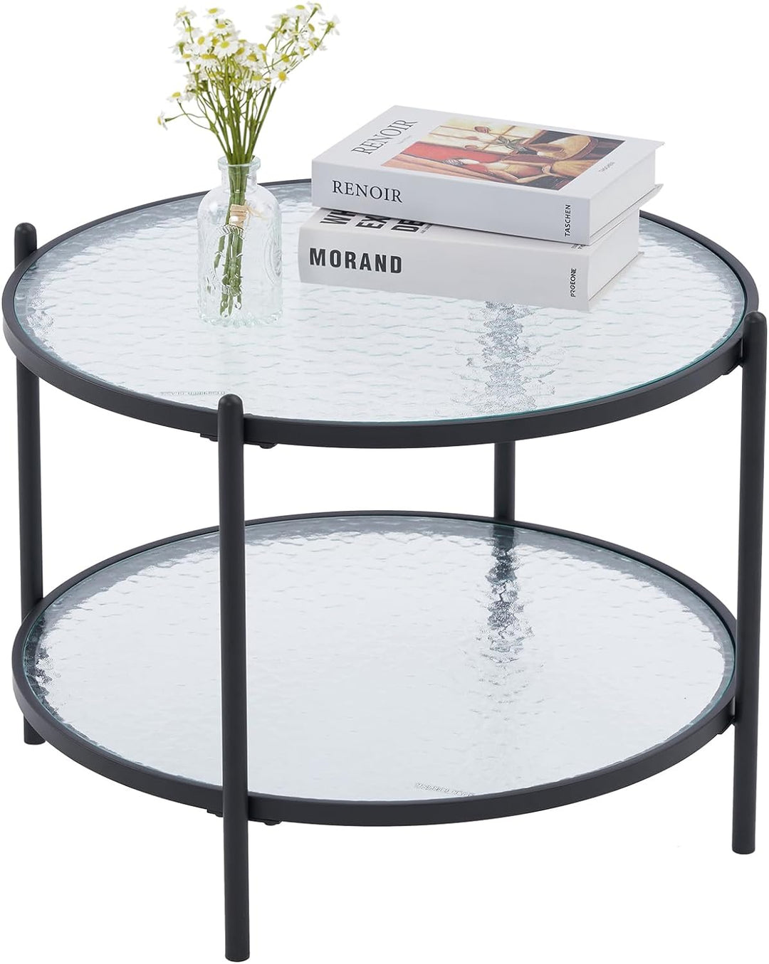 Matte Black Round Coffee Table with Water-Wave Glass, 2-Tier Storage Design, for Living Room, Bedroom, Balcony, Patio