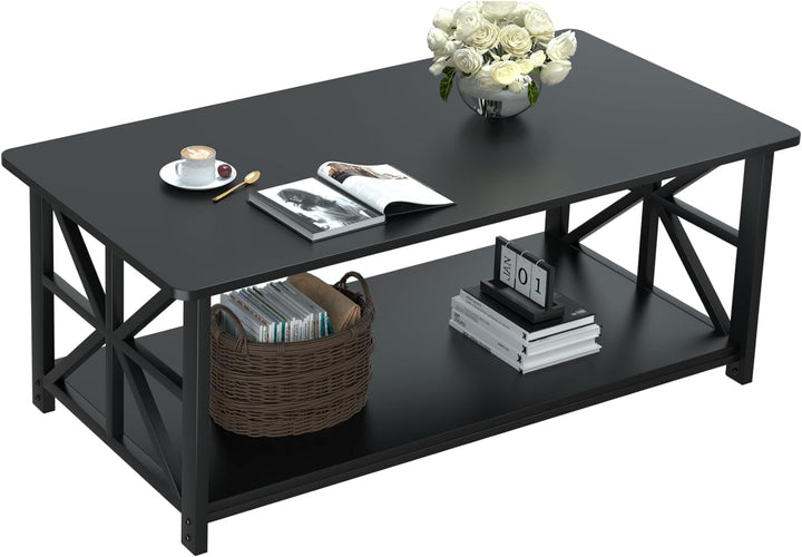 Farmhouse Coffee Table w/ Round Corners, 2-Tier Storage, Black