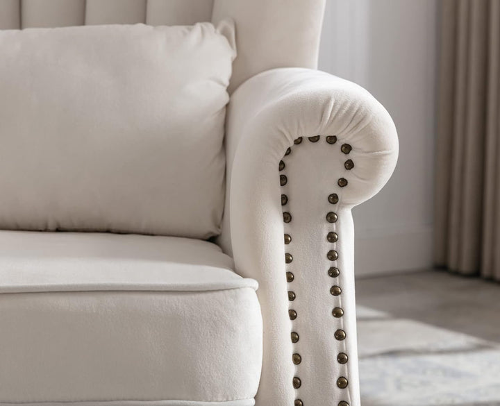 Cream Velvet Wingback Chair with Pillow