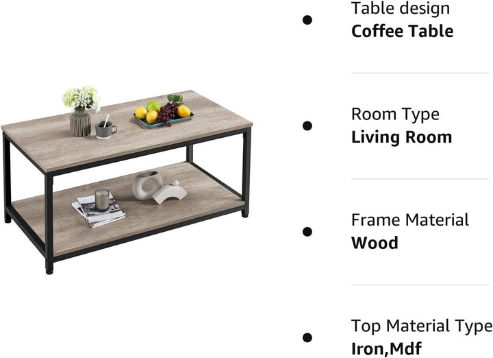 Stylish 2-Tier Industrial Coffee Table with Storage, Gray