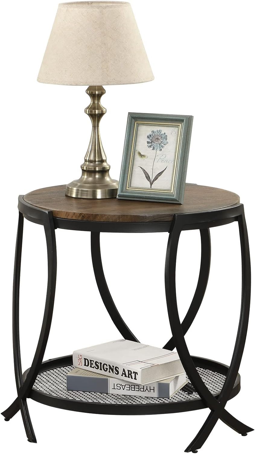 Industrial Round End Table, 2-Tier Side Table, Rustic