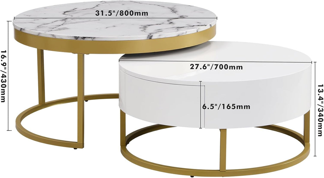 Modern Round Nesting Coffee Table with Drawers, Goldenwhite