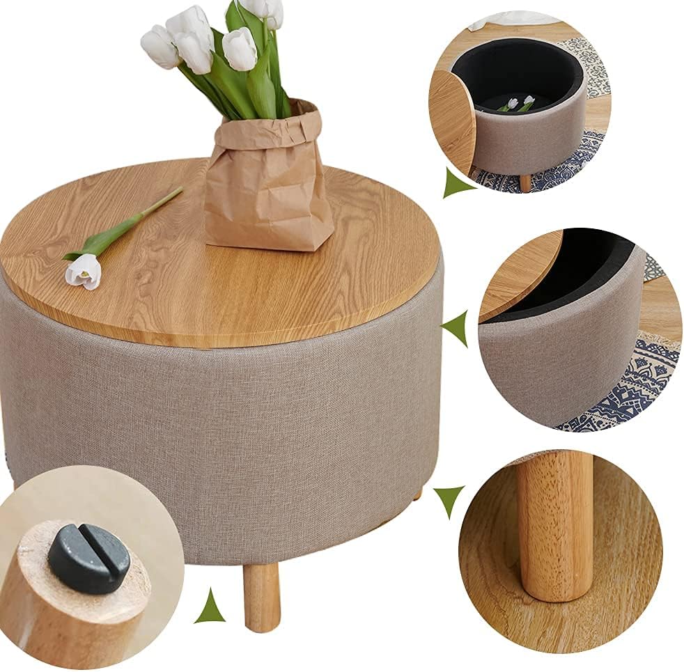 Round Coffee Table with Storage, Multi-Function Ottoman, Natural Color