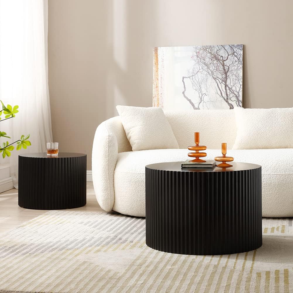 Elegant Round Nesting Coffee Table Set, Modern Fluted Drum, Black