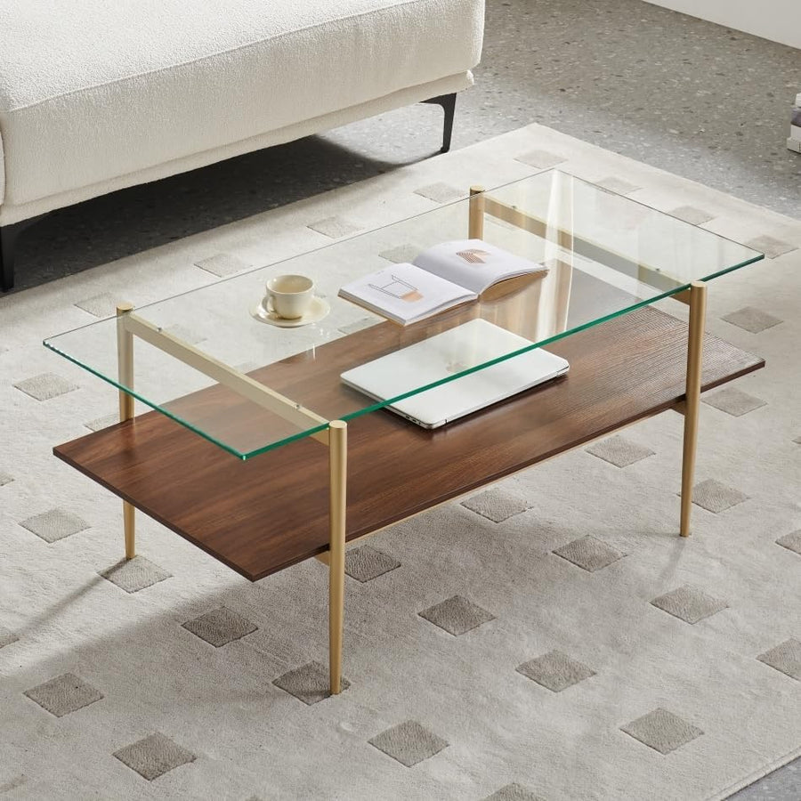 Elegant Glass Coffee Table with Walnut Wood Top, Gold Finish