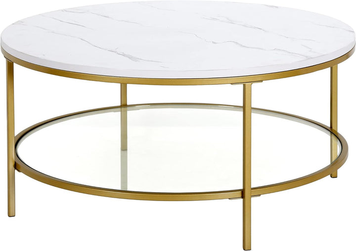 Faux Marble Top Round Coffee Table, Modern Design, Gold