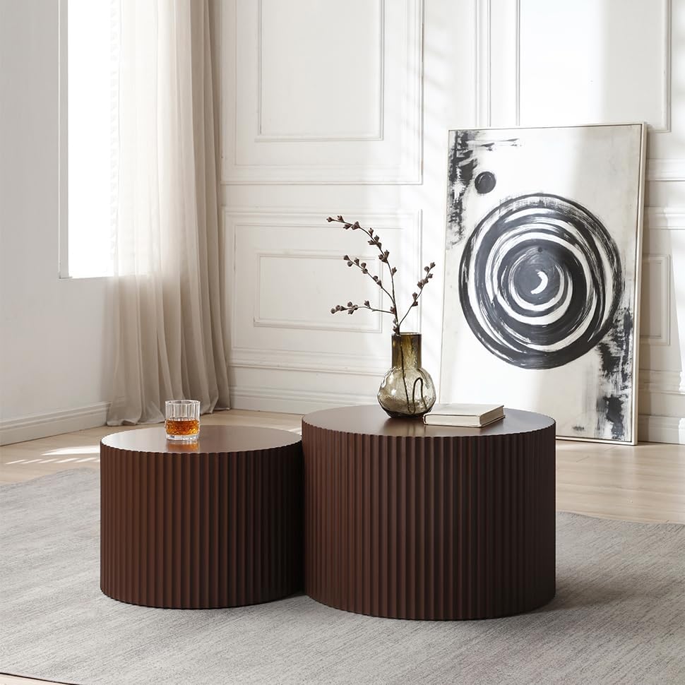 Nesting Coffee Table Set, Modern Round End Tables, 23.62" Brown