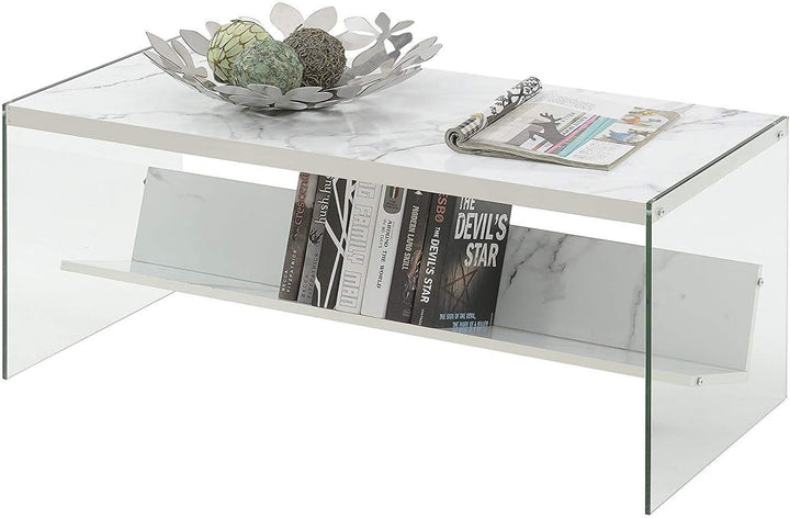 Soho Glass Coffee Table with Shelf, White Faux Marble