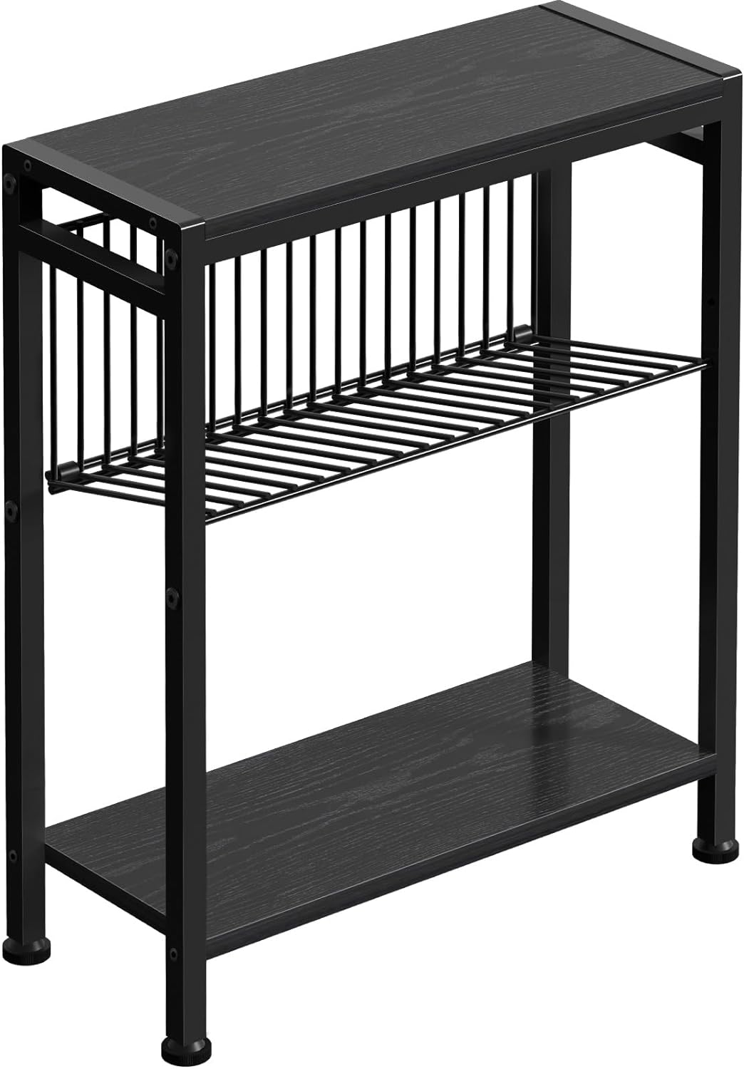 3-Tier Narrow Side Table w/ Magazine Holder (Black)