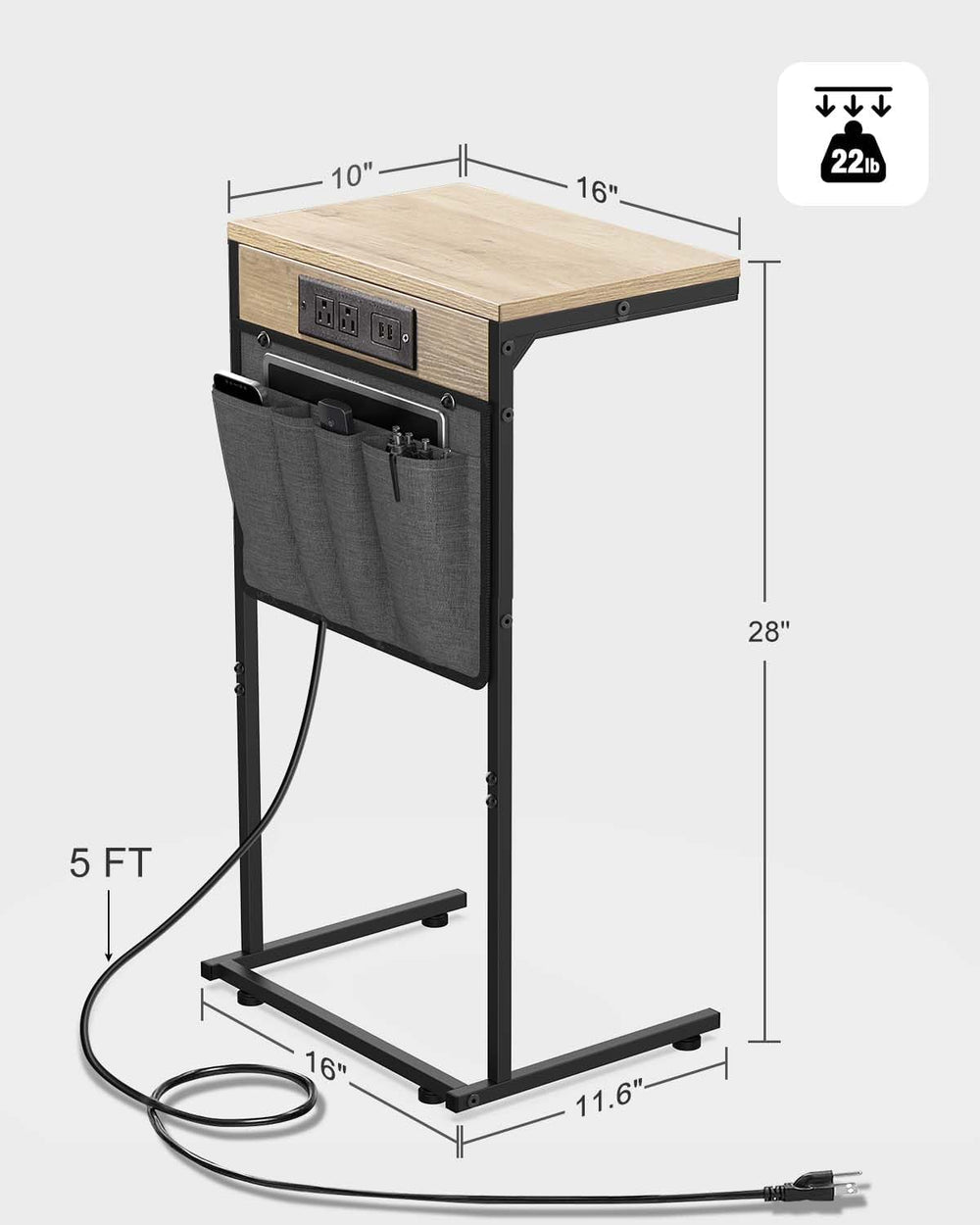 C Shaped End Table w/ Charging Station, Storage Bag