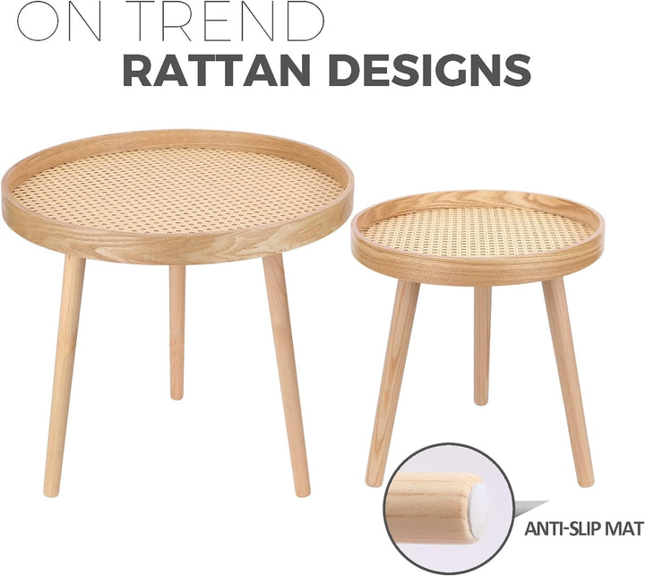 Round Boho Coffee Table Set, Natural Rattan Side Tables