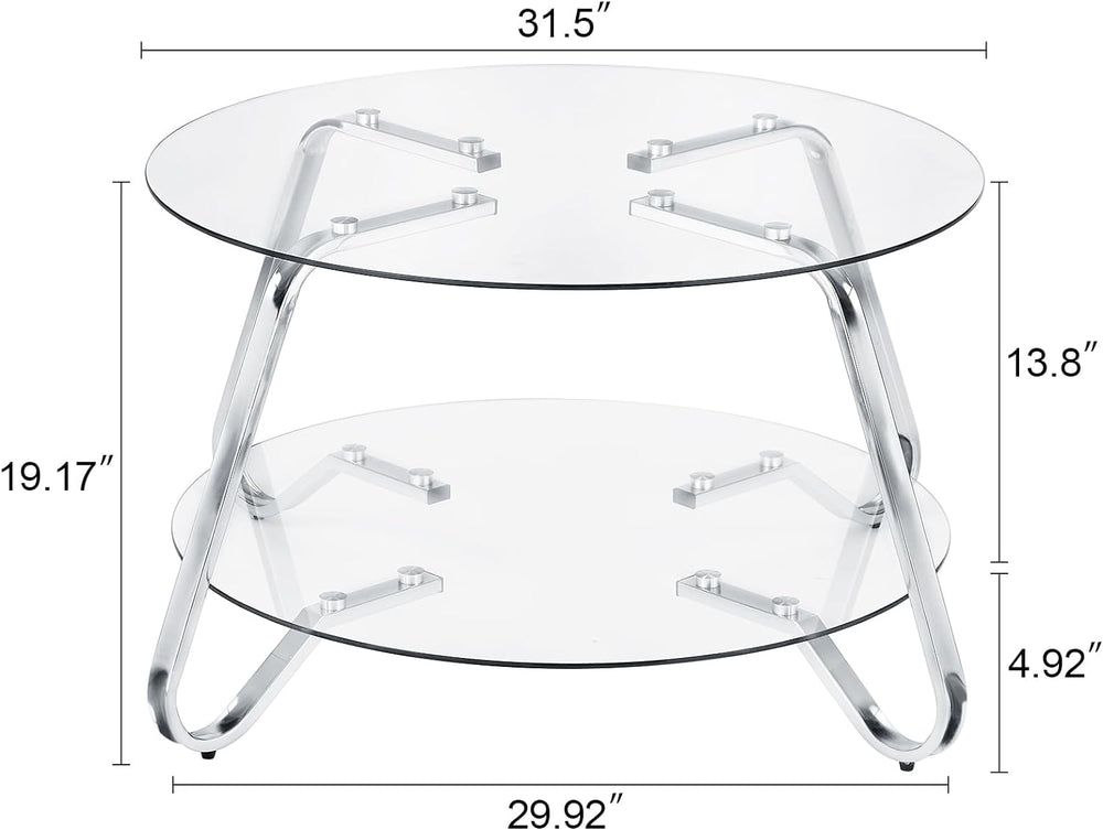 Elegant Modern Round Coffee Table, Metal Frame, Glass Tabletop, Silver