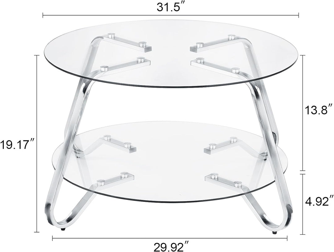 Elegant Modern Round Coffee Table, Metal Frame, Glass Tabletop, Silver