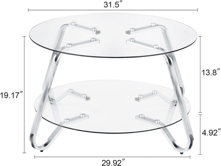 Elegant Modern Round Coffee Table, Metal Frame, Glass Tabletop, Silver