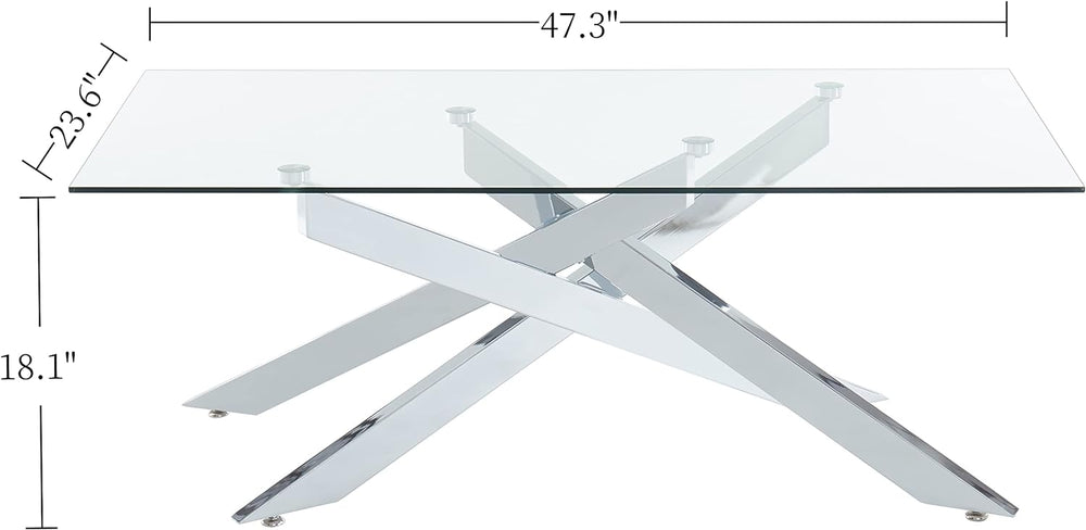 Modern Rectangular Coffee Table, Tempered Glass Top, Silver