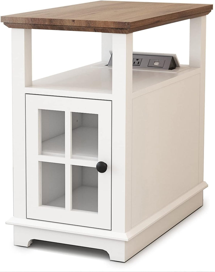 End Table White Storage Side Table Nightstand USB