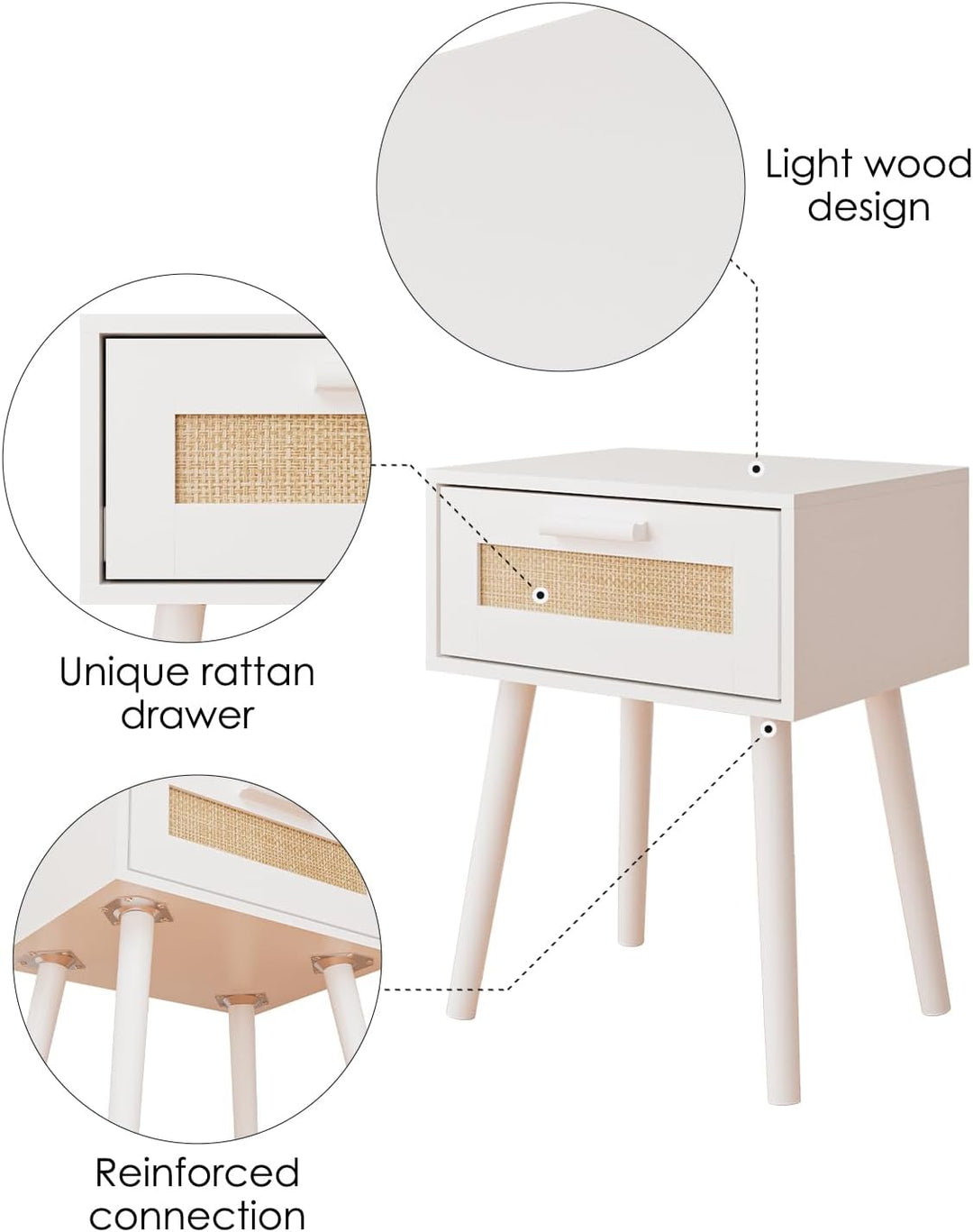 Wooden Nightstands with Rattan Weaving Drawer Storage