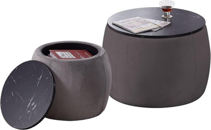 Round Coffee Table with Storage, Velvet Oversized Drum Ottoman Set, Grey