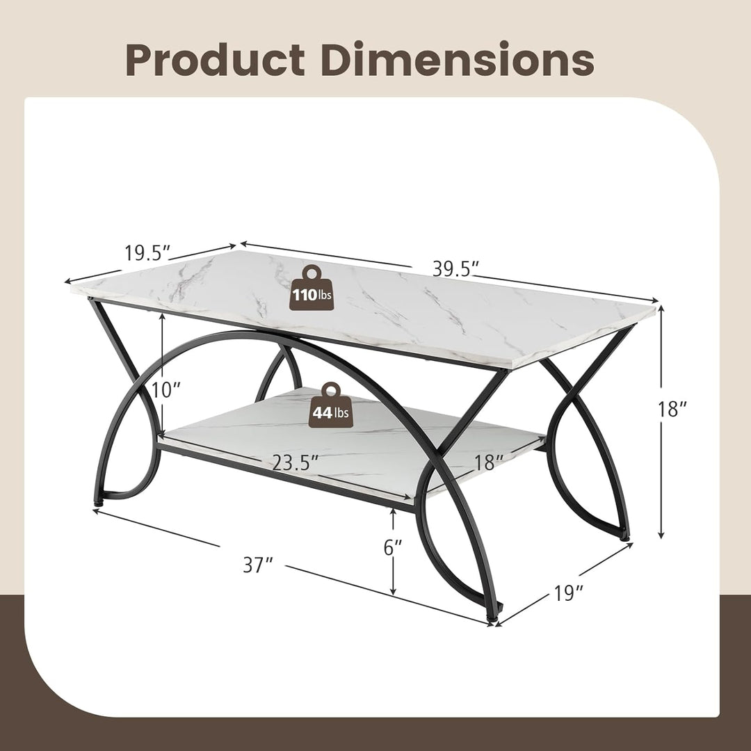 COSTWAY 2-Tier Coffee Table, Modern Faux Marble Accent Table, White, Black