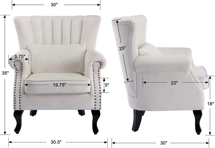 Cream Velvet Wingback Chair with Pillow