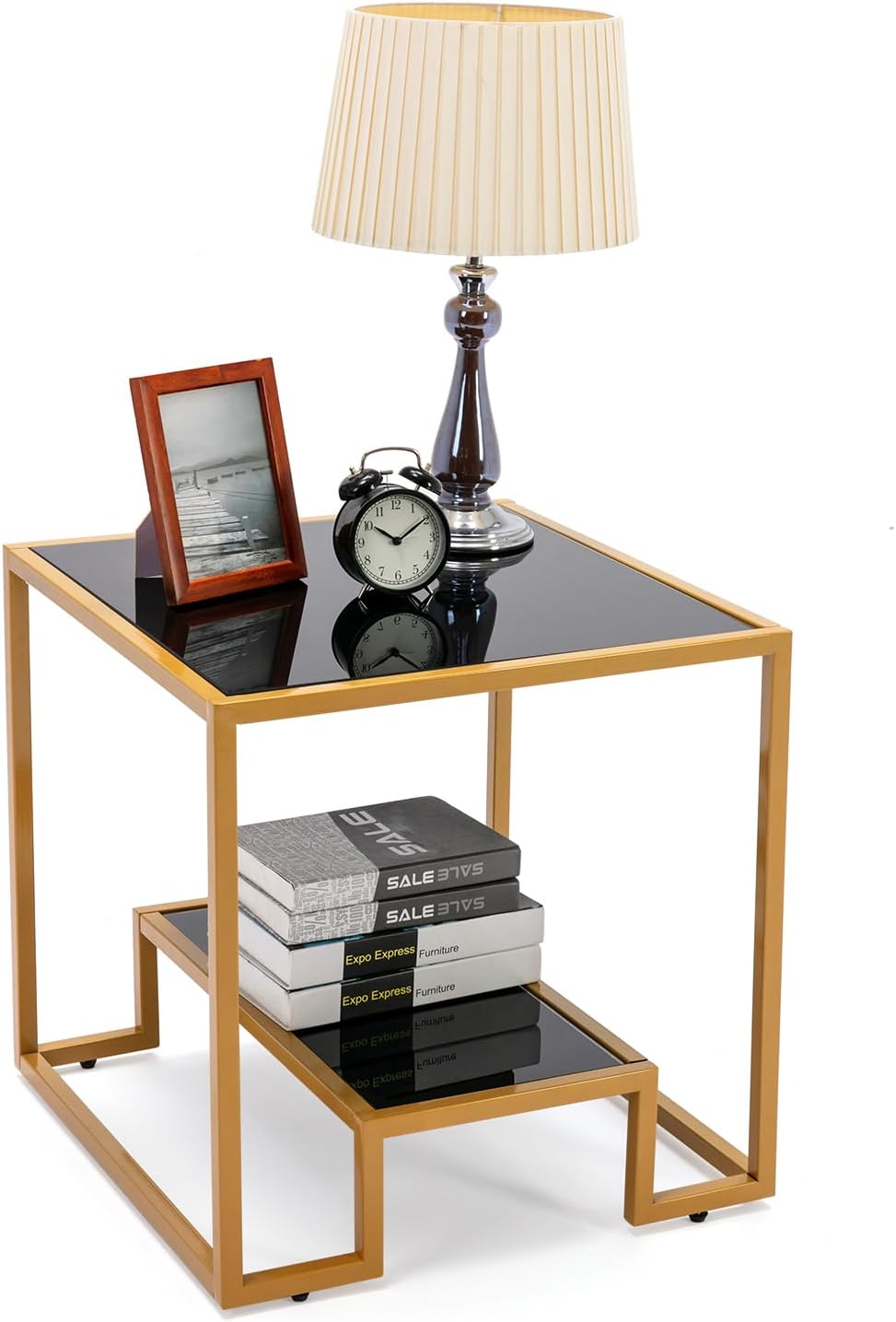 Tempered Glass End Table with Metal Frame, Brass End Table1