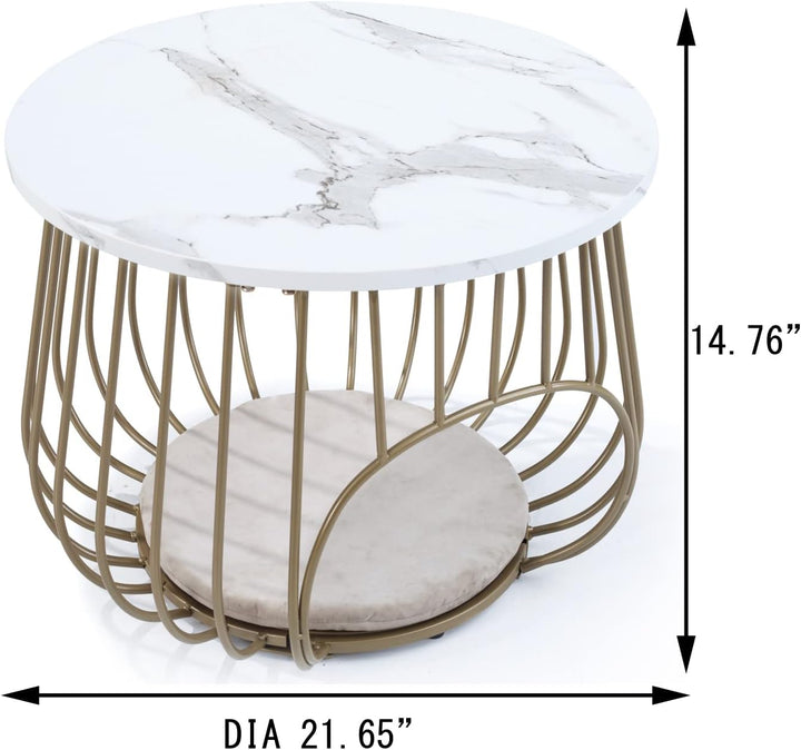 22" Round Coffee Table, Modern Cocktail Table, White Marble, Gold