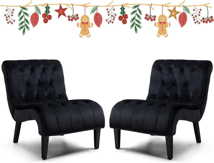 Armless Accent Chair Set of 2, Upholstered Button Tufted Living Room Chairs, Black