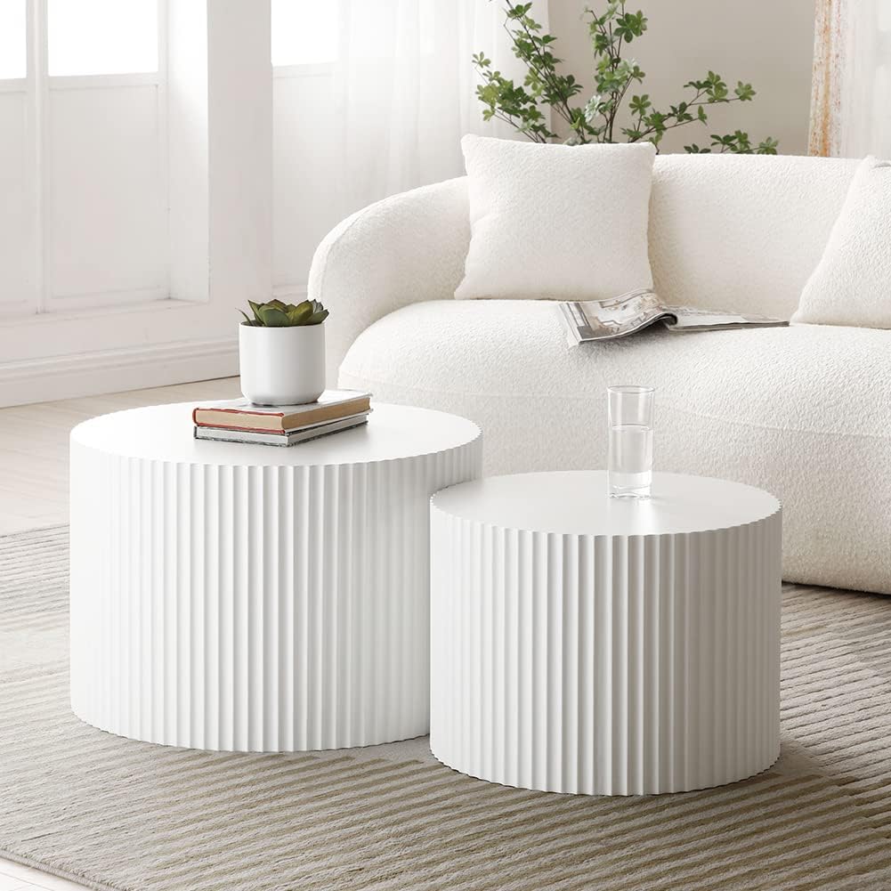 Elegant Contemporary Round Coffee Table Set, White