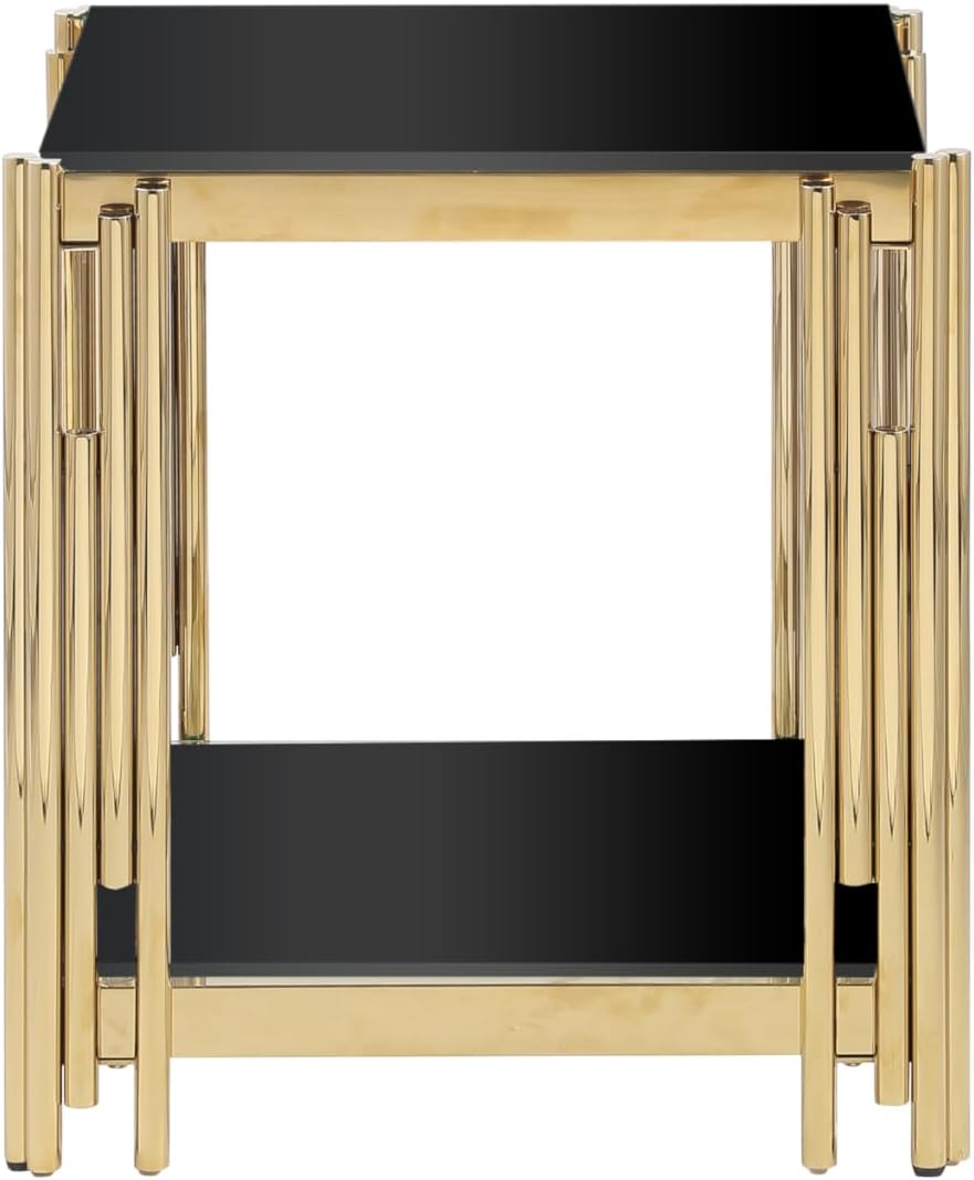 20" Gold End Table with Black Glass Top, Stainless Steel, Black4