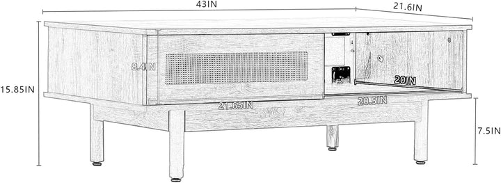 Mid-Century Modern Coffee Table with Sliding Door, Rattan Wood