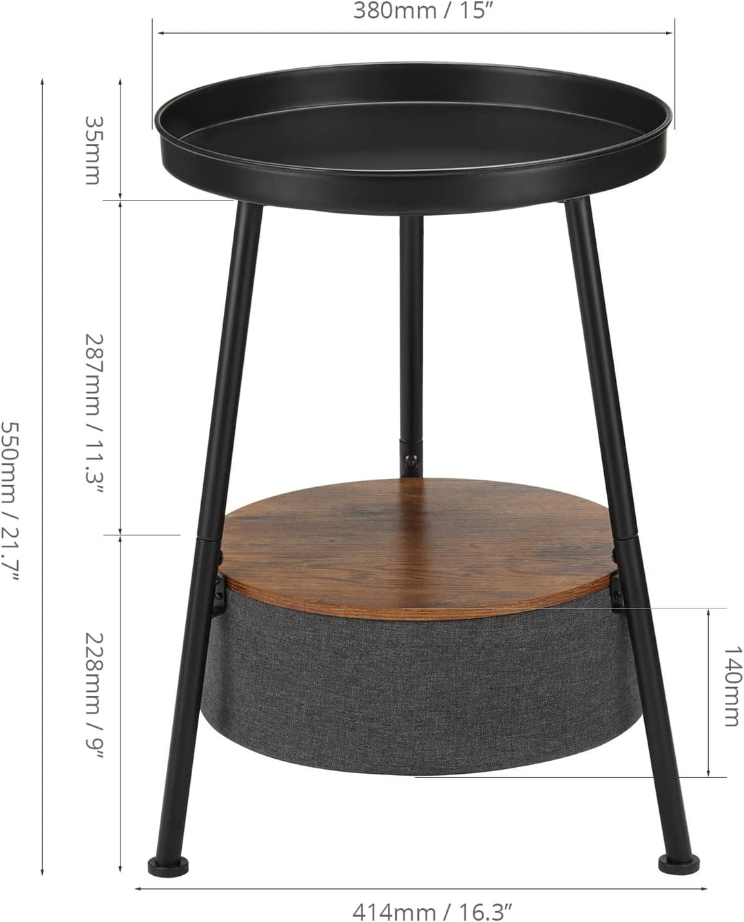 Industrial Round End Table, 2 Tiers Black Round Side Table with Storage Basket