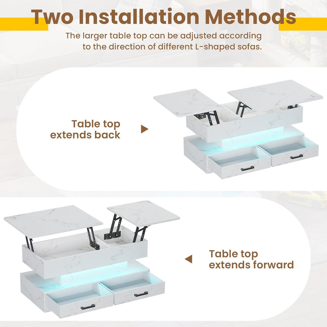 Lift Top Coffee Table with Storage Drawers, Modern Small Coffee Table, White Marble