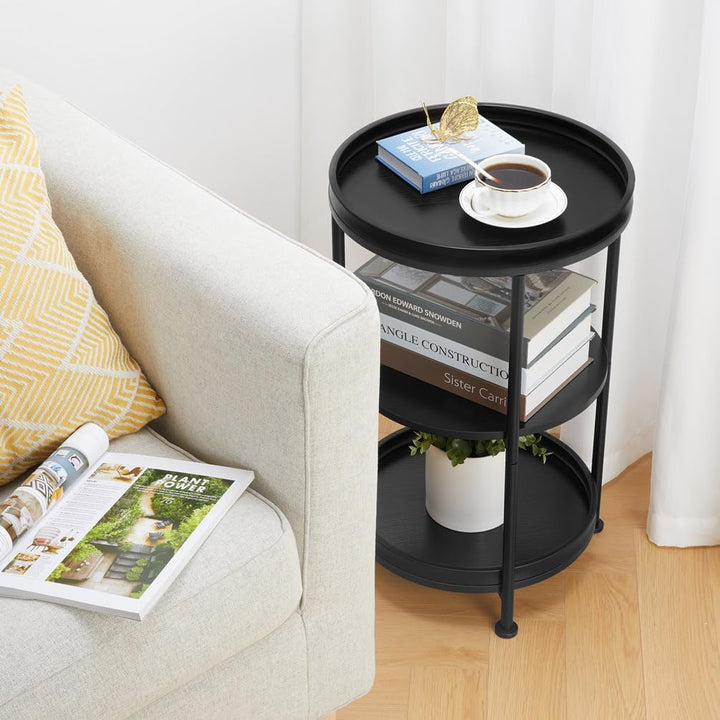 Side Table, 3 Shelves, Steel Frame, Black