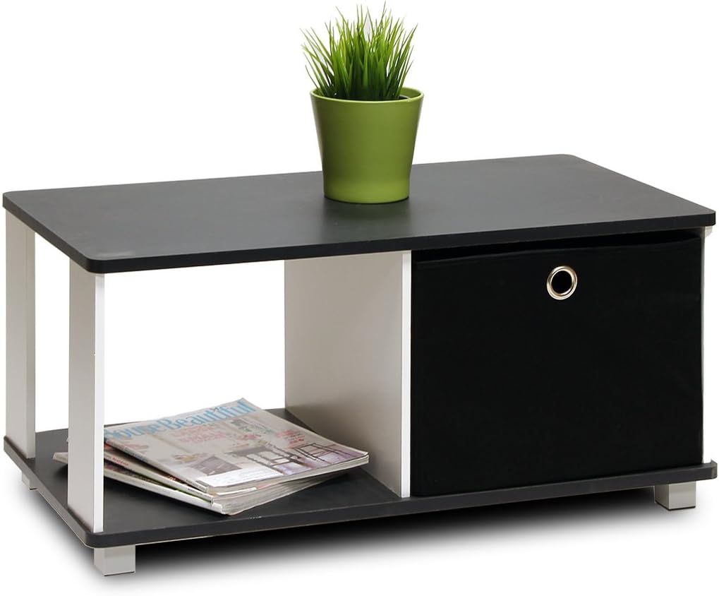 Furinno Coffee Table with Bin Drawer, Black, White