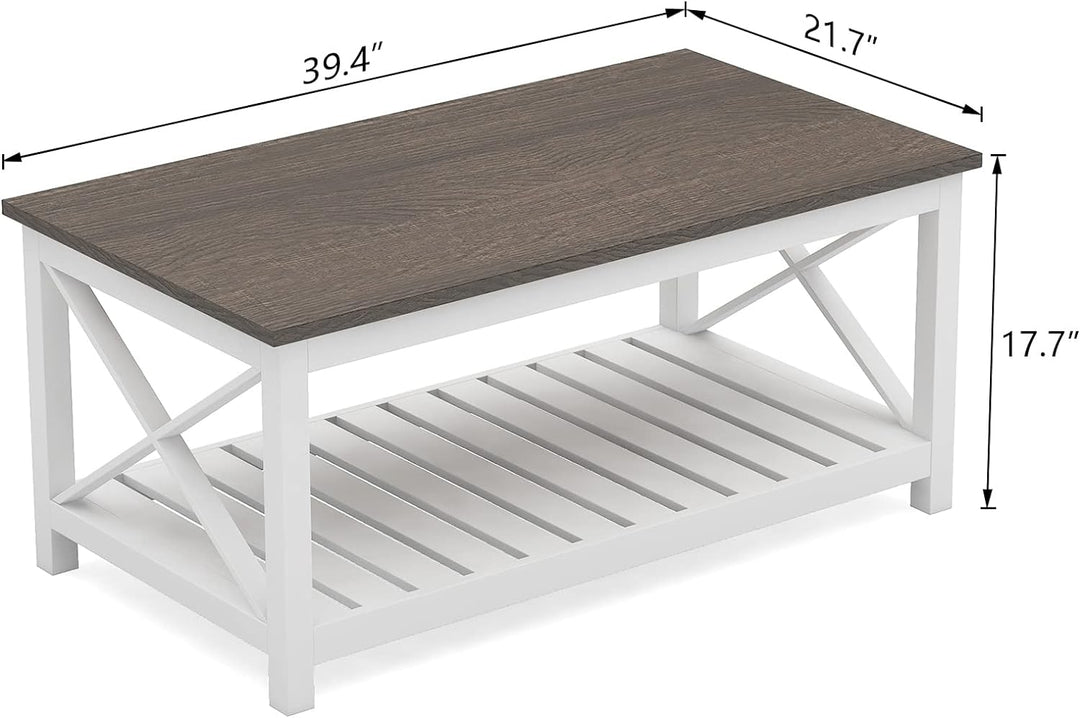 Rustic Farmhouse Coffee Table with Shelf, Vintage Finish White