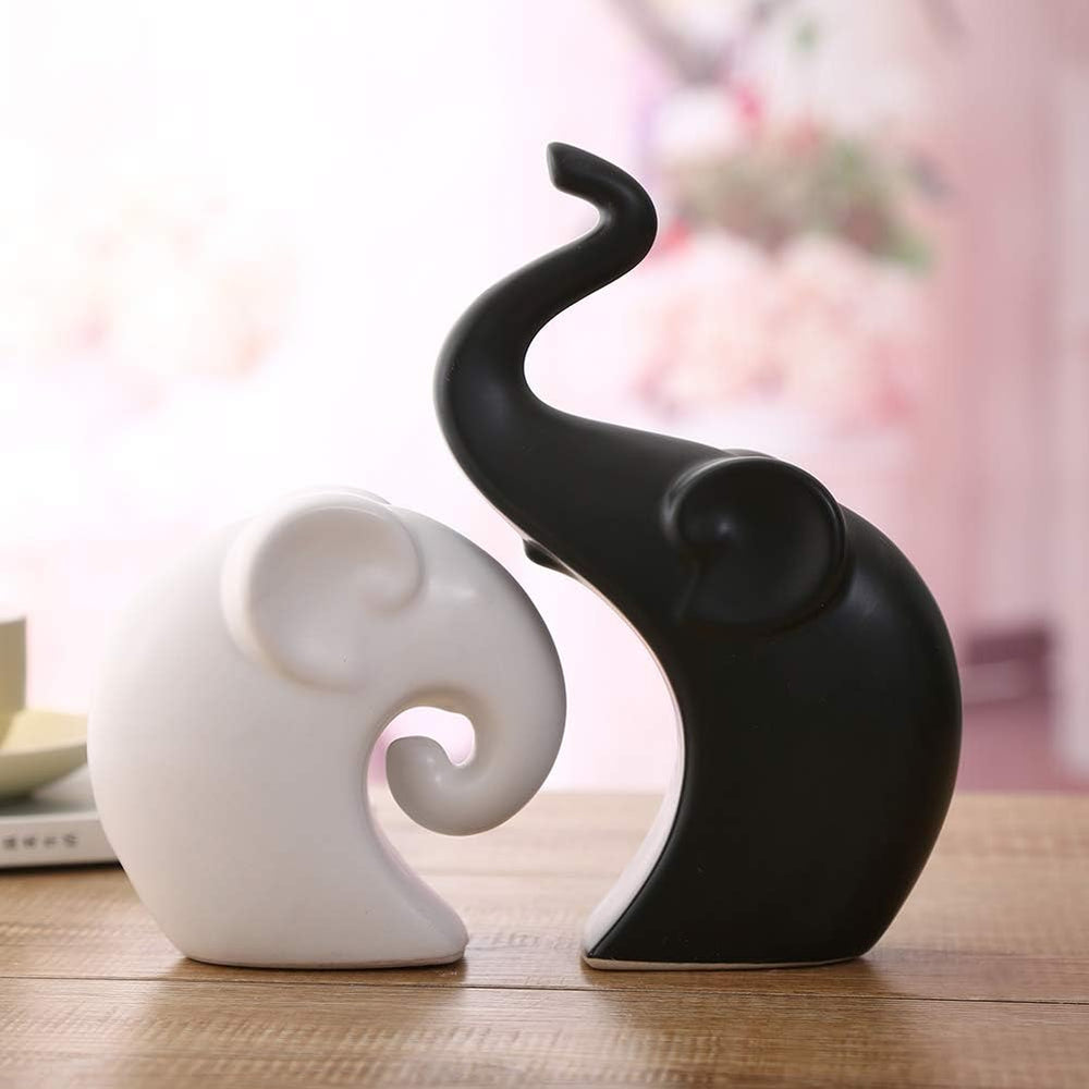 Ceramic Mother and Baby Elephant Statue, Black & White