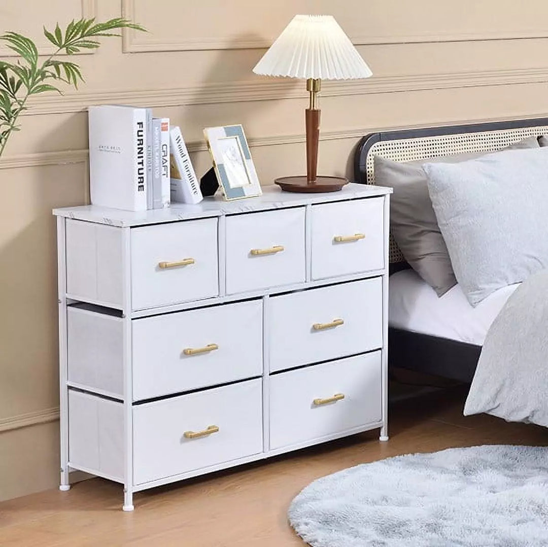 7 Drawer Fabric Dresser Accent White Dresser for Bedroom