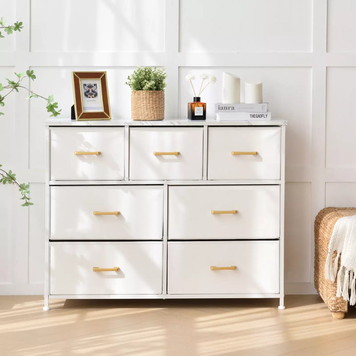 7 Drawer Fabric Dresser Accent White Dresser for Bedroom