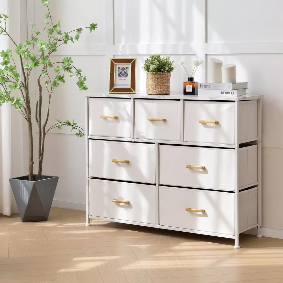 7 Drawer Fabric Dresser Accent White Dresser for Bedroom