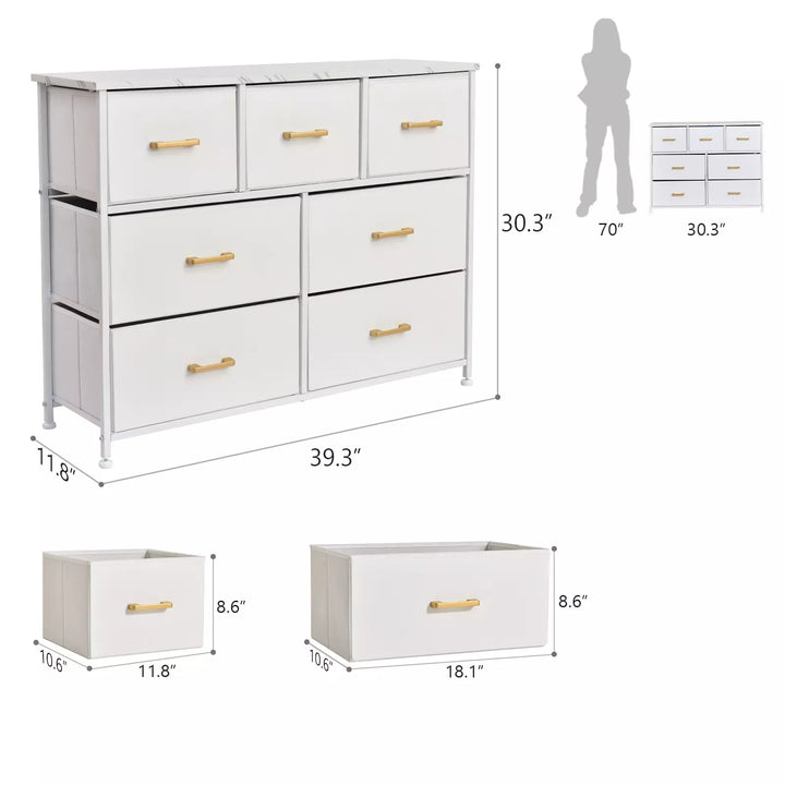 7 Drawer Fabric Dresser Accent White Dresser for Bedroom