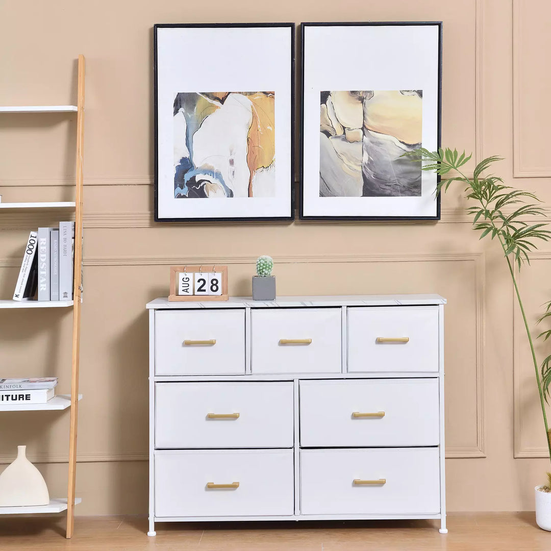 7 Drawer Fabric Dresser Accent White Dresser for Bedroom