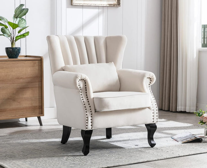 Cream Velvet Wingback Chair with Pillow